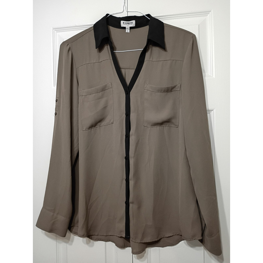 Express Portofino Taupe Brown Button-Down Shirt Black Trim Size Large